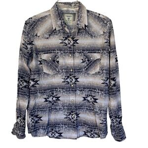 Panhandle Rough Stock Mens Blue Tan Aztec Print Western Pearl Snap Shirt Medium